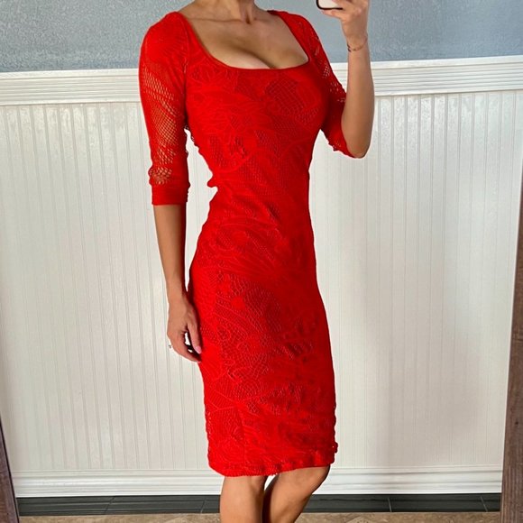 JEAN PAUL GAULTIER Fuzzi Soleil Tattoo Lace Red Dress Small - Picture 2 of 10